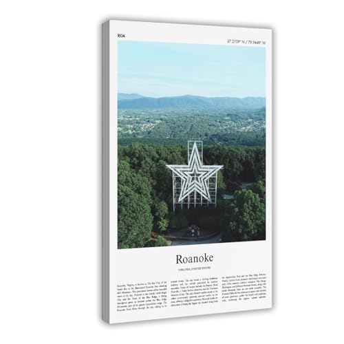 YFET Roanoke Color Print Roanoke Real Photo Poster Travel Poster Gift Virginia United States USA Travel Minimal City Print Landscape Living Room Office Bedroom Canvas Deco Painting Frame 24x36inch
