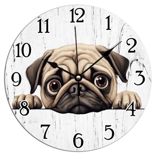 Vinisong Pug PVC Art Clock 10x10in Silent Non Ticking Battery Operated Wall Clock Pug Cute Funny Peeking Dog Puppy Wall Clocks Dog Memorial Clock for Bathroom Bedroom Birthday Gift