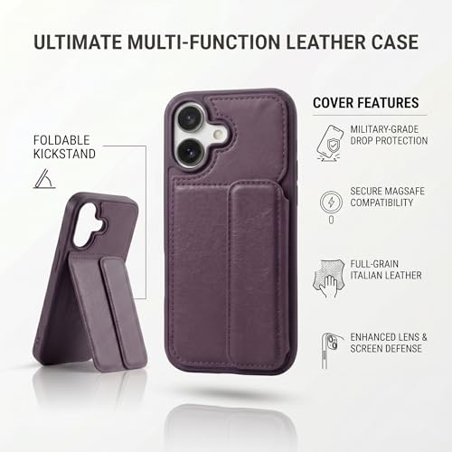Image of amazon basics Luxury Vegan Leather Back Cover for iPhone 16 | Built-in Card Holder Slot | Integrated Mobile Stand | Slim Shockproof Protective Case with Stitched Finish - Purple
