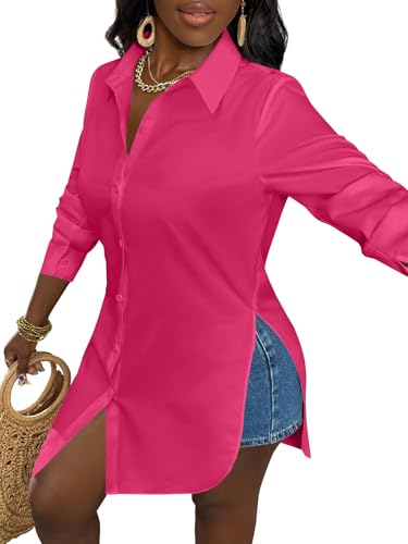 Image of LYANER Women's Collar Neck Long Sleeve Button Down Shirts Sexy Split Hem Tops Long Blouse Shirt Dress