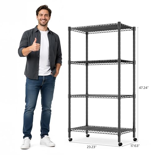 Image of Simple Deluxe 4-Tier Heavy Duty Adjustable Storage Shelf with Wheels, 23.23 inchW x 17.63 inchD x 47.24 inchH, Wide Mobile Metal Shelving Unit, Easy Assembly for Living Room, Office,Black