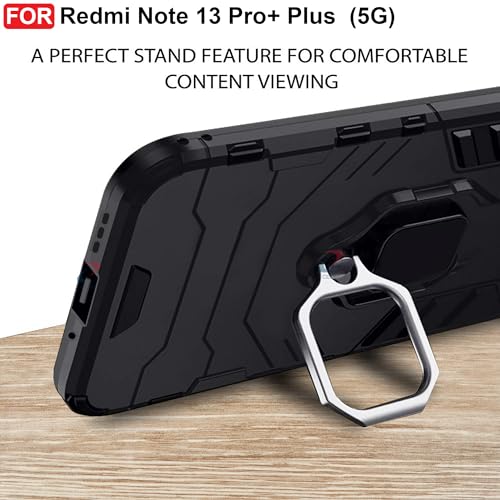 Image of CEDO Kickstand Cover for Redmi Note 13 Pro+ Plus (5G) Rugged Case | Built-in Stand Rotating Ring Holder | Military Grade Armor Bumper Back Cover (Black)