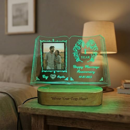 Image of Personalized 3D Illusion LED Table Lamp Book Shape Customized Photo Lamp for Couple Gift Anniversary, Wedding, Marriage, Valentine Day- Your Wooden Base Text Egraved, Brother Sister