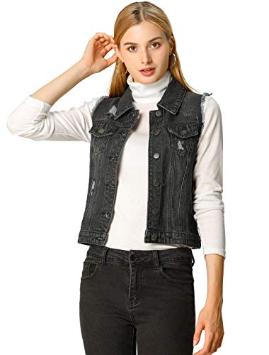 Allegra K Women Denim Vests Sleeveless Jacket Button Closure Western Washed Distressed Jean Vest