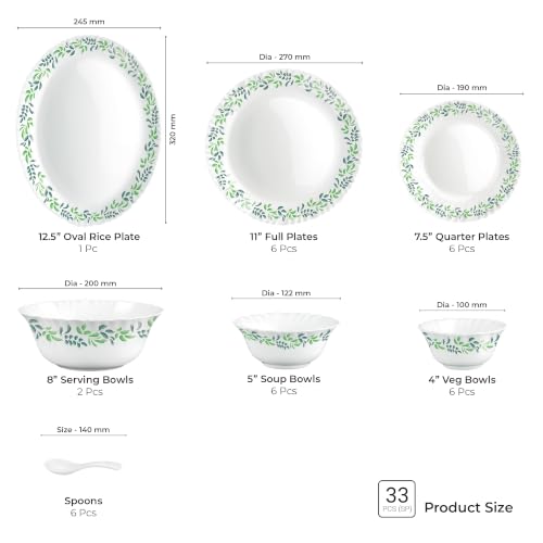 Image of Treo by Milton Opalware Aurelia Verdinia Dinner Set of 33 | Serving for 6 | Microwave & Dishwasher Safe | Bone-Ash Free | Tempered Toughness | Plates, Bowls, Spoons | Crockery Set for Dining & Gifting