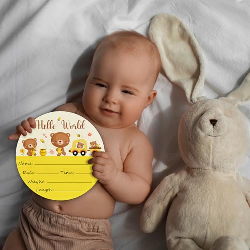 Image of Birth Announcement Sign Baby Name Nursery Decor Hello World | Round Wood Plaque with Bear Design, Custom Name Date Weight Length Great for Nursery Wall Baby Shower Gifts