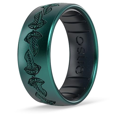 Enso Rings Lord of the Rings Silicone Ring - Comfortable and Flexible Design - 6.6mm Wide 1.75mm Thick - Leaf of Lorien - Emerald/Black Pearl - Size 8