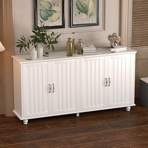 AIMEZO 63'' Sideboard Buffet Storage Cabinet,Credenza Buffet Cabinet with 2 Doors and Adjustable Shelf,Console Coffee Bar Cabinet for Kitchen Entryway Living Dining Room, White Cover