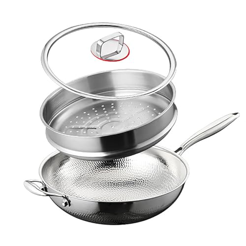DBXMJWCMDT Sartén Antiadherente de Titanio Martillado con Tapa, Resistente a rayones, Utensilios de Cocina saludables y duraderos, Aptos para Horno y lavavajillas Steamed36cm