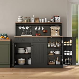 Sideboard Buffet Cabinet with 2 Drawers, Farmhouse Kitchen Pantry with Adjustable Shelves, Coffee Bar Cupboard Cabinet with 3 Doors for Kitchen, Dining Room (Black)