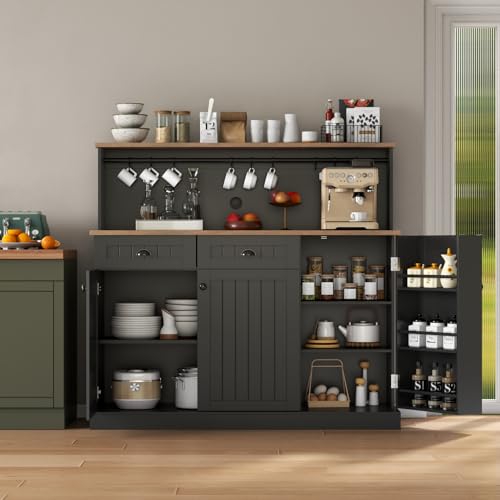 Sideboard Buffet Cabinet with 2 Drawers, Farmhouse Kitchen Pantry with Adjustable Shelves, Coffee Bar Cupboard Cabinet with 3 Doors for Kitchen, Dining Room (Black)