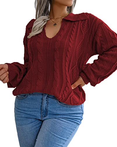 Image of Plus Size Sweaters for Women Polo V Neck Chunky Cable Knit Pullovers 1X-5X