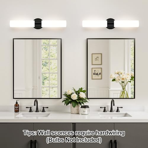 Image of Wall Sconces Set of Two, Modern Bathroom Sconces Wall Lighting with Milky White Glass, Matte Black Sconces Wall Decor Set of 2 for Bathroom Mirror Bedroom Living Room Hallway