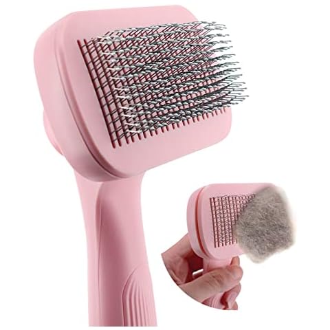 Uoking Pet Self Cleaning Slicker Brush -Dog Brush & Cat Brush, Shedding Mats and Tangled Hair, Massages Particle, Improves Circulation for Medium & Large Dogs Cats with Short to Long Hair-Pink Cover