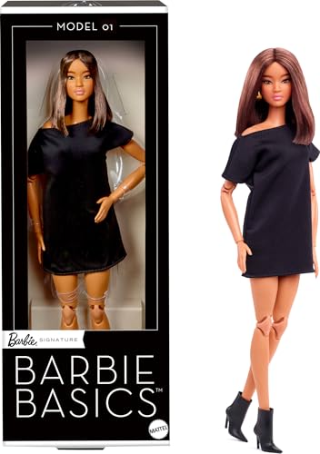 Barbie Basics Model 01 Collector Doll with Brunette Hair, Black Mini Dress & Shoes, Universal-fit Fashions, Posable Body & Swappable Doll Head