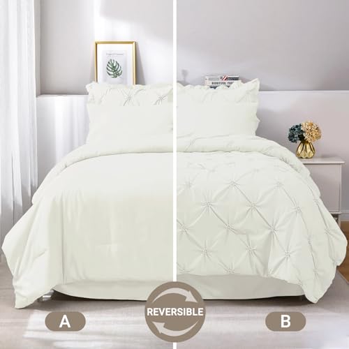 JOLLYVOGUE Ivory Queen Size Comforter Sets 7 Pieces, Pintuck Bed in a Bag Comforter Set for Bedroom, Bedding Comforter Sets with Comforter, Sheets, Ruffled Shams & Pillowcases