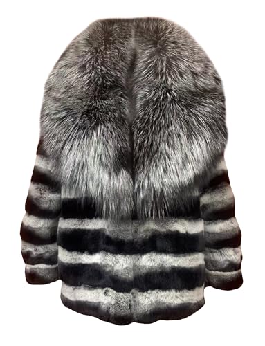 Annsirgra Women's Genuine Rex Rabbit Fur Coat Chinchilla Jacket with Silver Fox Fur Collar