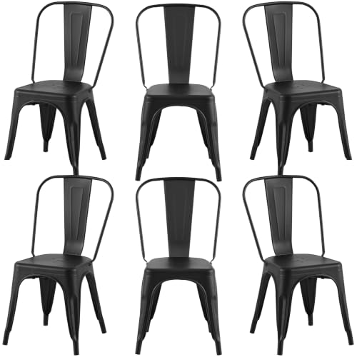 Image of Metal Dining Chairs with Backrest, Stackable, Matte Black, 6 Pack | Stackable, With Back, Metal Frame, Kitchen and Dining Room, Cafe, Bar, Covered Patio, Easy to Clean