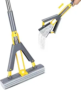 Clefairy Sponge Mop, Self Wringing Sponge Mops for Floor Cleaning Squeeze, PVA Mop -Absorbent Sponge Heads for Hardwood Tile Marble Laminate