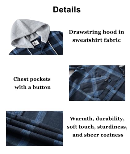 Image of Hooded Flannel Shirts for Men Plaid Long Sleeve Flannel Jacket Hoodies | Button-Down, Lightweight Coat, Classic Plaid Shirts with Hood, Flannel Hoodies with Pocket