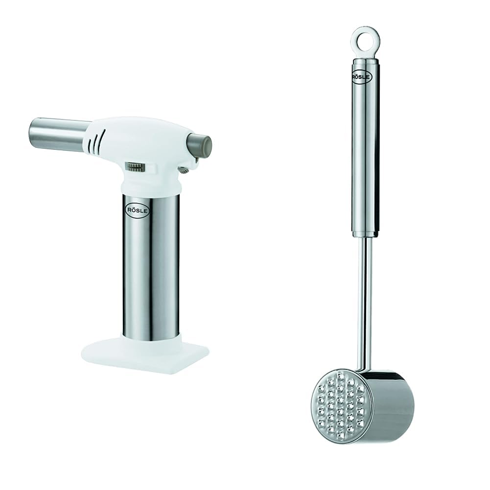 Rösle Soplete Flambeador de Gas, Regulación Continua de la Llama Hasta 1300 °C, ABS, Acero Inoxidable 18/10 + Rösle Martillo para Carne, Acero Inoxidable 18/10, Brillo Intenso/Mate