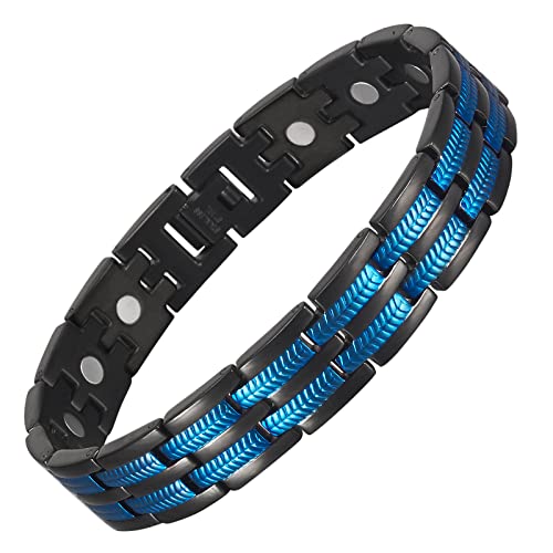 YINOX Bracelet magnétique super puissant pour homme, bracelet magnétique en acier inoxydable, bracelet bleu pour homme, comprend 16 aimants NdFeB et un coffret cadeau (21 cm)