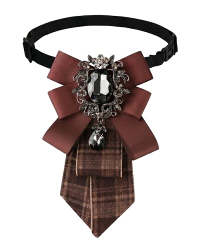 NoctisNest Bow Ties for Women Vintage, Brown Adjustable Rhinestone Bow Neck Tie with Big Black Crystal, Ladies' Striped Pre-Tied Necktie Shirt Accessory for Business Uniforms Graduation School