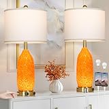 Rinweey 26' Modern Orange Glass Table Lamp Set of 2,Bedside Lamps with USB A+C Ports & AC Outlet, Nightstand Lamp with 3-Way Dimmable Touch Control Night Light for Bedroom Living Room(Bulbs Included)
