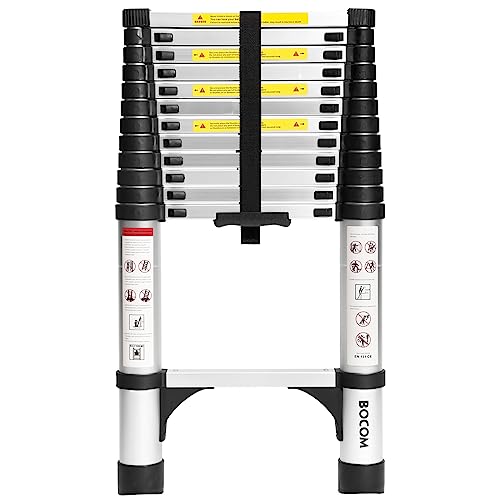 BOCOM 12.5 FT Aluminum Telescoping Ladder, Lightweight Multi-Purpose Collapsible Extension with 2 Triangle Stabilizers, Heavy Duty 330 lbs Max Capacity, Ideal for Home, RV, and Outdoor Work Silver