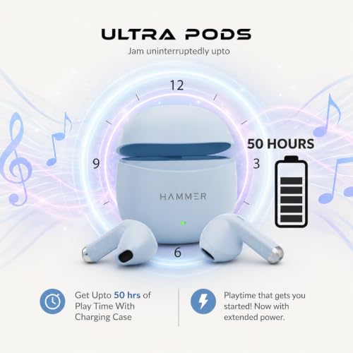 Image of HAMMER New Ultra pods 2026 TWS Wireless Bluetooth Earbuds with Inbuilt Mic, 100H Standby Time, 50H Playtime, USB Type-C, 13mm Dynamic Drivers, BT v6.0, IPX5 Water-Resistant Earphones (Blue)