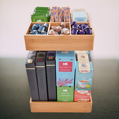 Refine Bamboo Kitchen and Snack Organizer. 360 rotating, 2 tier high capacity wooden storage rack. Great for condiments, seasonings, spices, tea bags, bottles, cans, snacks - Thumbnail 7
