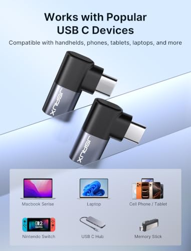 Image of JSAUX 90 Degree USB-C Male to USB-C Female Adapter 2-Pack, 40Gbps Data Transfer PD 100W USB Type-C 3.1 Extender for MacBook, ROG Ally, Switch, Steam Deck, VR, iPhone 15 and More Laptop, Tablet, Phone | Left and right angle adapter helps reduce cable strain while supporting 100W charging, 40Gbps transfer, and 4K /60Hz video