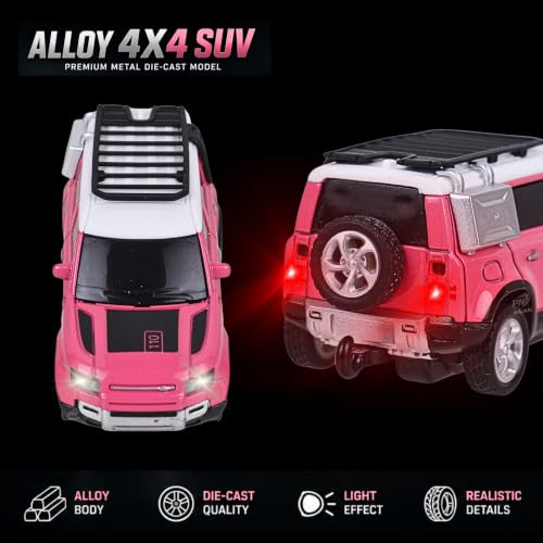 Image of 1:64 Scale RC 4x4 SUV Alloy Die-Cast Remote Control Car - 2.4GHz Rechargeable Off-Road Crawler with LED Lights | Roof Rack Spare Tire for Kids 6+ Years (Pink)