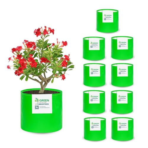 Image of HDPE Grow Bags for Plants 9X9 Inch (Pack of 10) | 260 GSM Heavy Duty UV-Protected Round Green Colour Plant Bags for Terrace and Vegetable Gardening | Strong & Reusable|