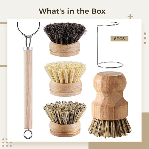Image of 6 PCS Dish Brush with Handle Set, Wooden Handle with 3 Replaceable Bristle Heads, Bamboo Brush for Dishes with Metal Dry Rack for Kitchen Cleaning Tasks