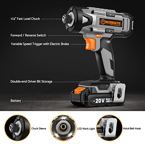 Worksite Cordless Impact Driver Kit, 2655 In-Lbs (300N.m) Max Torque, 1/4" Hex Impact Drill, Variable Speed, 2.0A Battery & 1 Hour Fast Charger, 26 Pieces Impact Drive Bits And Tool Bag #TOP1