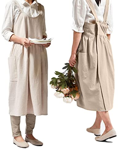 Women Girls Vintage Cute Apron Gardening Works Cross Back Cotton/Linen Blend Aprons Pinafore Dress With Two Pockets (Beige) #TOP4