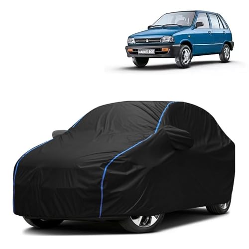 Image of Kerwa Car Body Cover Waterproof Compatible with Maruti 800 | Scratch Proof, Anti-Dust, UV Protection with Windproof Buckle Strap and Mirror Pockets, Bottom Elastic Fitted-Black