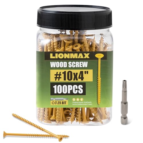 Image of LIONMAX Deck Screws 4 Inch, Wood Screws #10 x 4, 100 PCS, Rust Resistant, Exterior Epoxy Coated, Outdoor Decking Screws, Torx /Star Drive Head Deck Screw, T25 Star Bit Included, Tan
