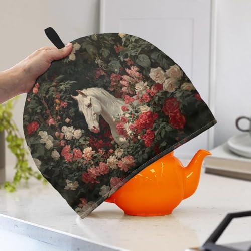 Image of Rose White Horse Print Handmade Tea Cozy Kitchen Home Decorations Teas Cosy Creative Gifts Tea Cozies for Teapot Keep Warm Double Tnsulated Kettle Cover for Office