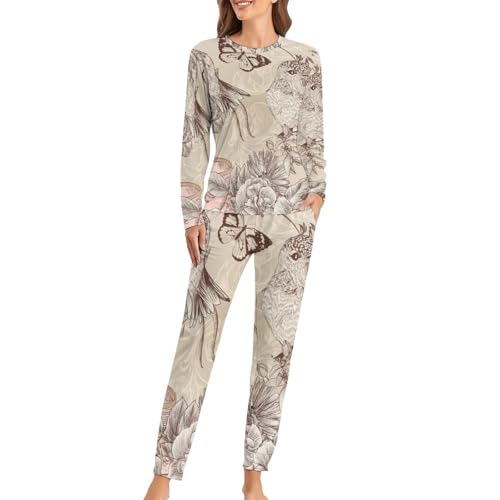 Ensemble de pyjama femme oiseau vintage pantalon homewear chic et d&eacute;contract&eacute;