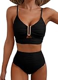 Dokotoo Bikini Damen Set Push Up Sexy V Ausschnitt Bademode Bauchweg High Waist Textur Zweiteiliger Badeanzug Swimsuit, schwarz, L