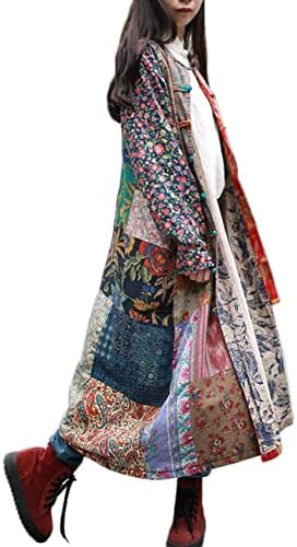 LZJN Women's Trench Coat Floral Print Jacket Chinese Style Outwear (B)