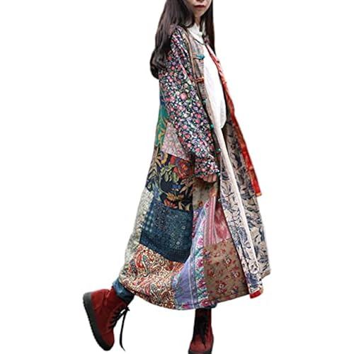 LUZU JUNU Women's Penny Lane Trench Coat Floral Patchwork Duster, Cotton Linen Frog Button Boho Cottagecore