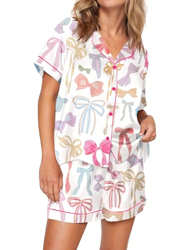 Image of SHESHOW Satin Pajamas for Women Set Preppy Animals Pjs Short Sleeve Shorts 2 Piece Loungewear Sets XS-XXL