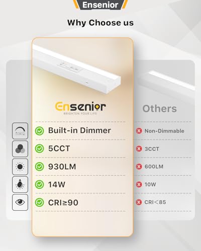Ensenior 24 Inch LED Under Cabinet Lighting Hardwired, 5CCT, 14W 930LM, 2700K/3000K/3500K/4000K/5000K, Wired Under Cabinet Lights, Dimmable Under Counter Lights for Kitchen, FCC, 1 Pack