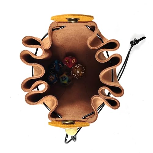 Image of Handmade Leather Dice Bag with Skull Design, RPG Dice Pouch & Tray for DND, MTG, Coins, Jewelry - Vintage Brown Suede with Brass Snap