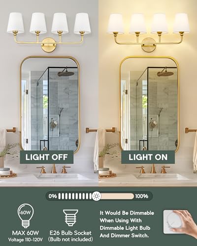 Image of Bathroom Light Fixtures, 4 Light Brushed Gold Vanity Lights with Flared White Fabric Shade, 28 Inch Wall Sconce, Modern Sconces Wall Lighting for Hallway Bedroom, VL837-BG-4