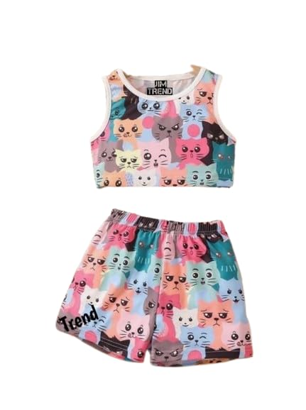 Kids Girls cat Printed Multicolour Dress -Top & Bottom Set