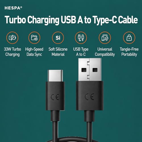 Image of TurboPower 33W USB-A to C Fast Charging Cable (3.3ft /1m) | Compatible with Motorola G73, G62, G54, G84, Edge 40, Edge 30, Moto G32, G42, G72 & Others